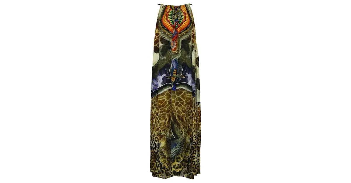 Camilla Maxi Kaftan con estampado de águila y leopardo en seda multicolor 