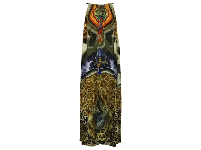 Camilla Maxi Kaftan con estampado de águila y leopardo en seda multicolor 