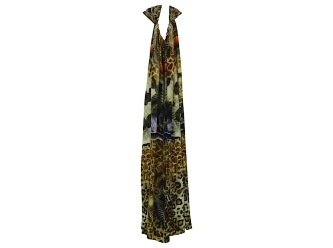 Camilla Maxi Kaftan con estampado de águila y leopardo en seda multicolor 