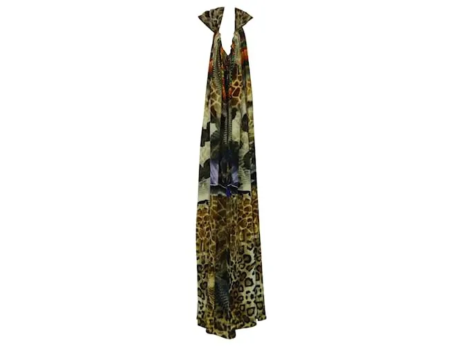 Camilla Maxi Kaftan con estampado de águila y leopardo en seda multicolor 