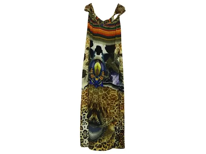 Camilla Maxi Kaftan con estampado de águila y leopardo en seda multicolor 