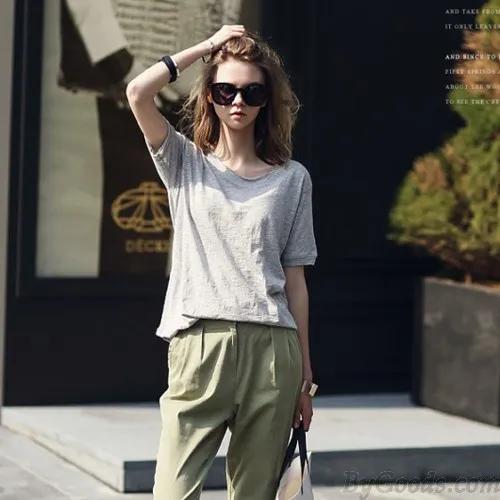 CASUAL SIMPLE SOLID ROUND NECK COTTON SHORT SLEEVE TSHIRT 