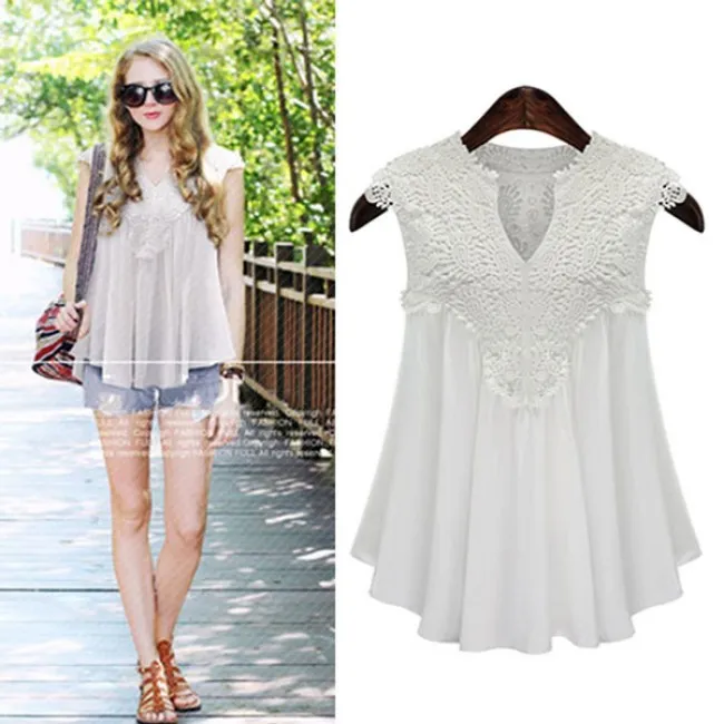CASUAL VNECK LOOSE HOLLOW LACE SPLICE CHIFFON SLEEVELESS FAT LADY TOP