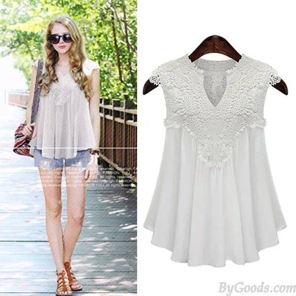 CASUAL VNECK LOOSE HOLLOW LACE SPLICE CHIFFON SLEEVELESS FAT LADY TOP