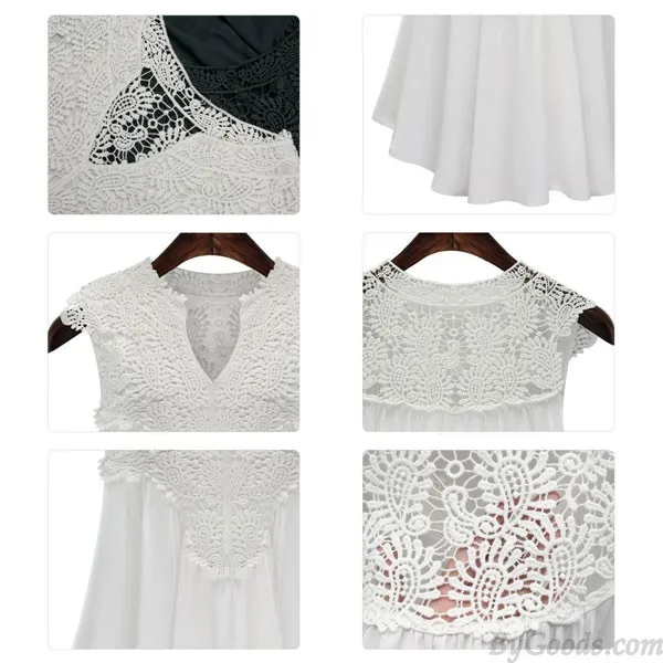 CASUAL VNECK LOOSE HOLLOW LACE SPLICE CHIFFON SLEEVELESS FAT LADY TOP