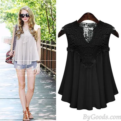 CASUAL VNECK LOOSE HOLLOW LACE SPLICE CHIFFON SLEEVELESS FAT LADY TOP