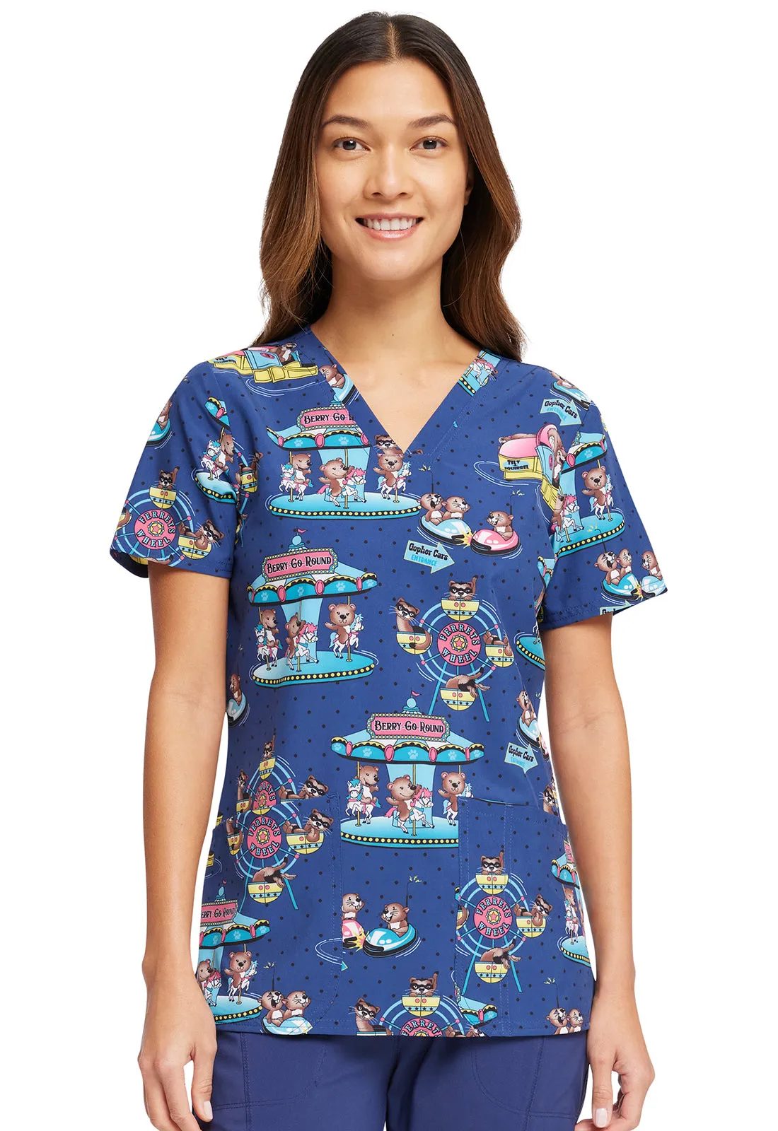 CHEROKEE VNECK PRINT TOP IN CARNIVAL CRITTERS