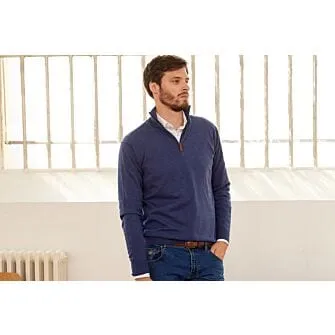 DARK BLUE MELANGE ORGANIC COTTON/CASHMERE HALFZIP THIN JUMPER  VLAD