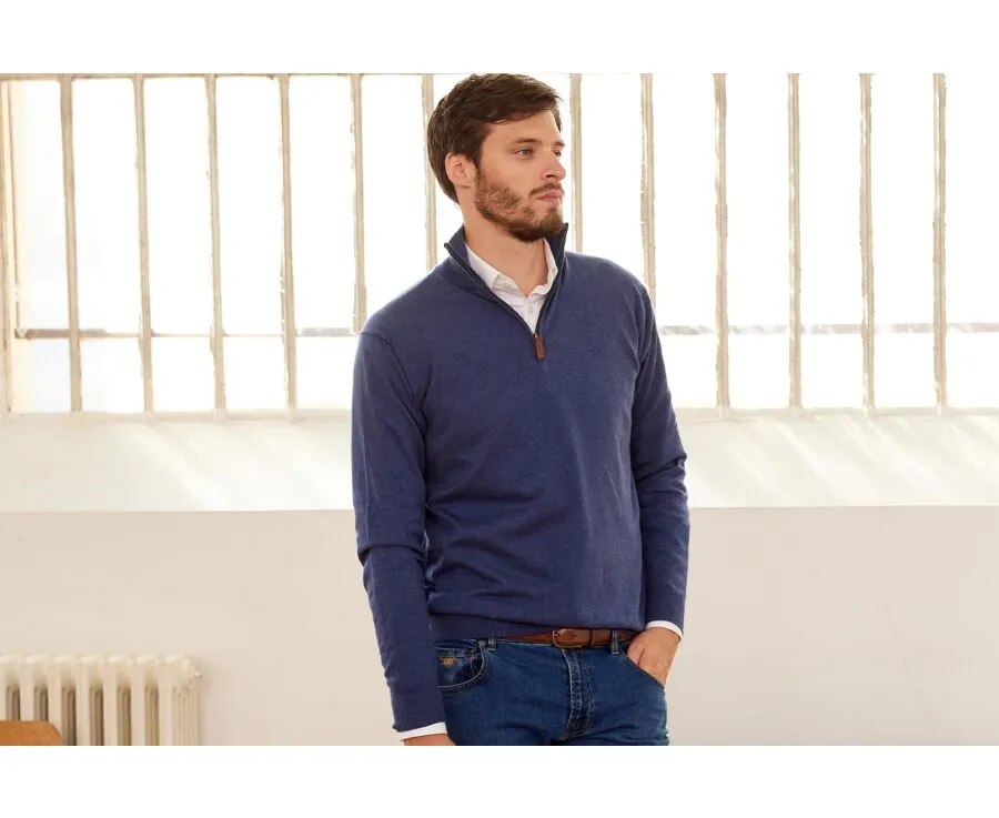 DARK BLUE MELANGE ORGANIC COTTON/CASHMERE HALFZIP THIN JUMPER  VLAD
