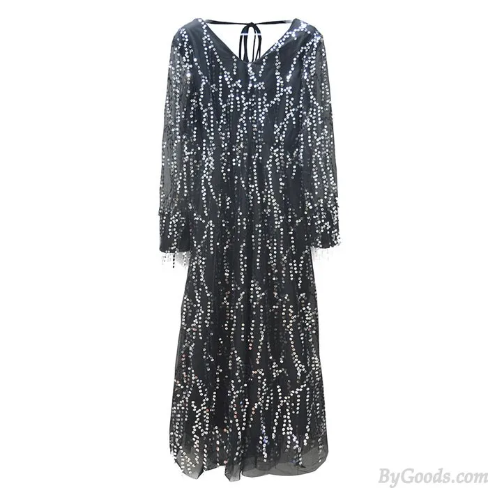 FASHION SEXY BLACK VNECK LONG SLEEVE TASSEL SEQUIN PARTY DRESS