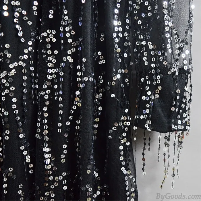 FASHION SEXY BLACK VNECK LONG SLEEVE TASSEL SEQUIN PARTY DRESS