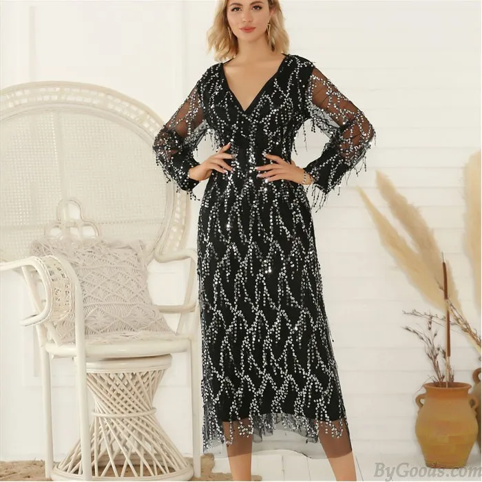FASHION SEXY BLACK VNECK LONG SLEEVE TASSEL SEQUIN PARTY DRESS