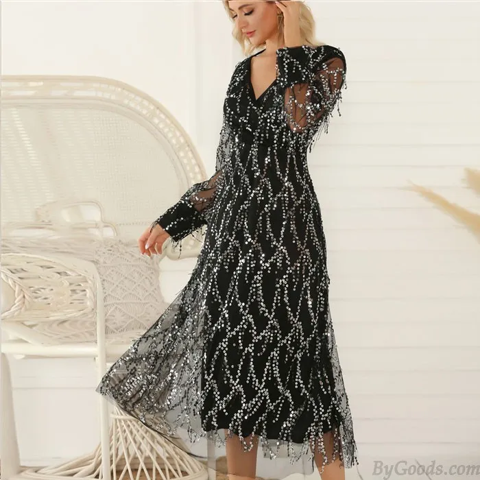 FASHION SEXY BLACK VNECK LONG SLEEVE TASSEL SEQUIN PARTY DRESS