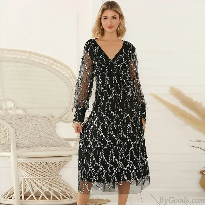 FASHION SEXY BLACK VNECK LONG SLEEVE TASSEL SEQUIN PARTY DRESS