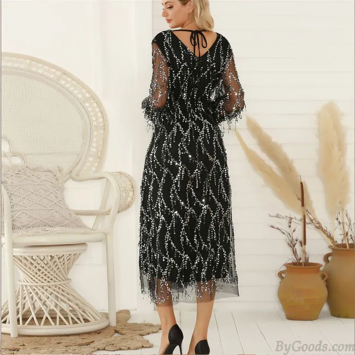 FASHION SEXY BLACK VNECK LONG SLEEVE TASSEL SEQUIN PARTY DRESS
