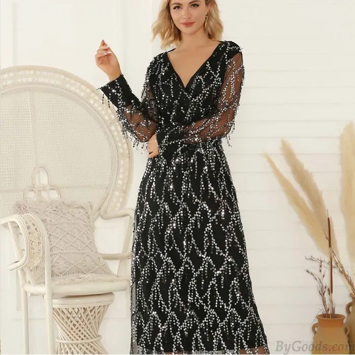 FASHION SEXY BLACK VNECK LONG SLEEVE TASSEL SEQUIN PARTY DRESS