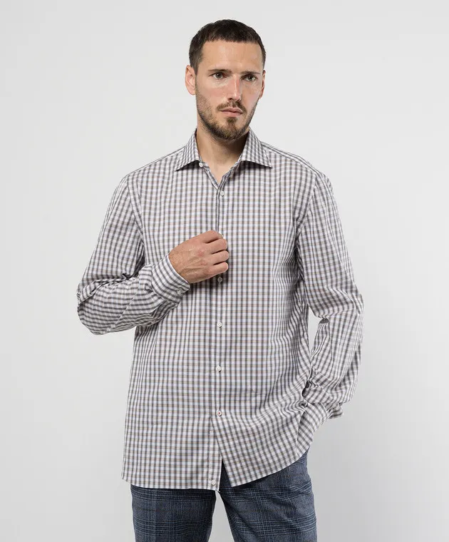 ISAIA White checkered shirt with logo patch