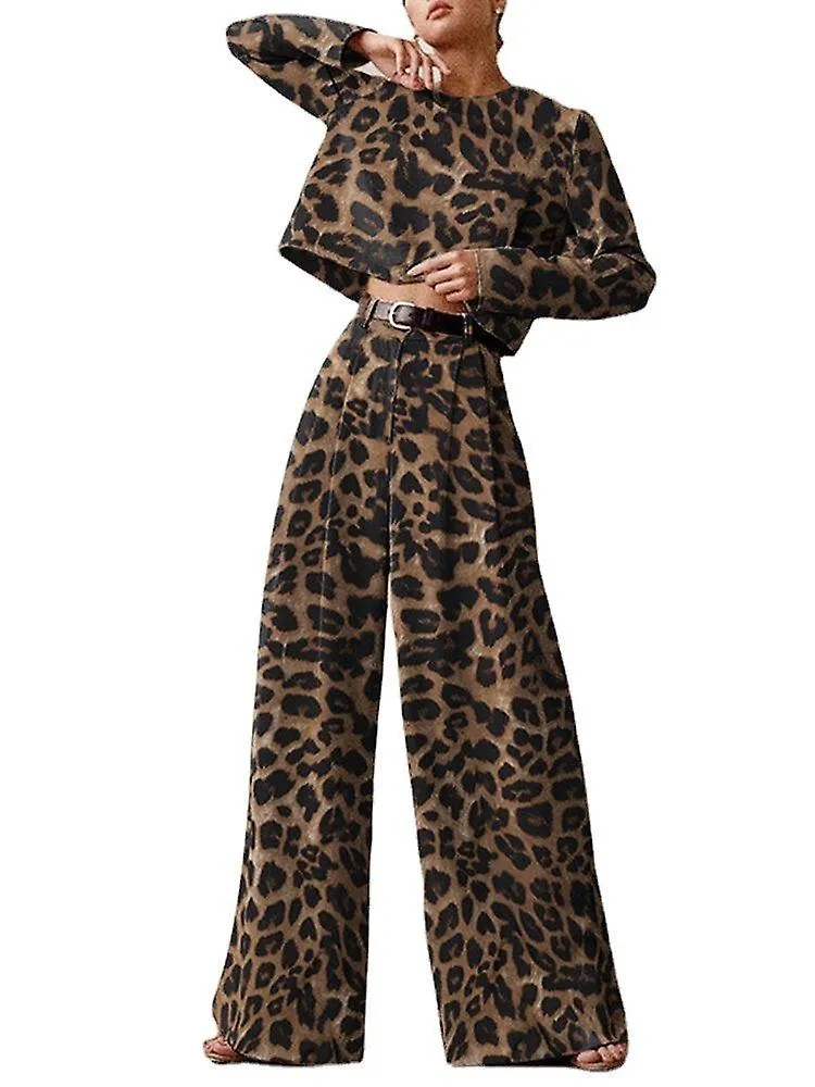 Leopard Print Button Zip Long Sleeve Crew Neck Two Pieces Set
