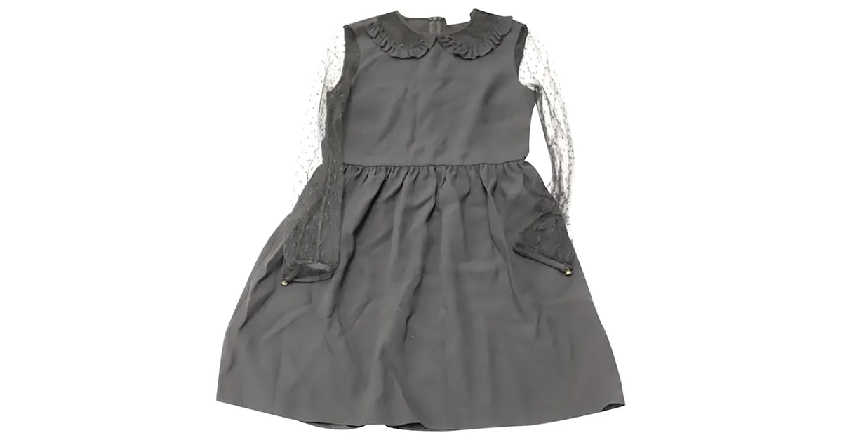 Minivestido en seda negra de crepé de China con volantes y tul de lunares suizos de Red Valentino Negro 