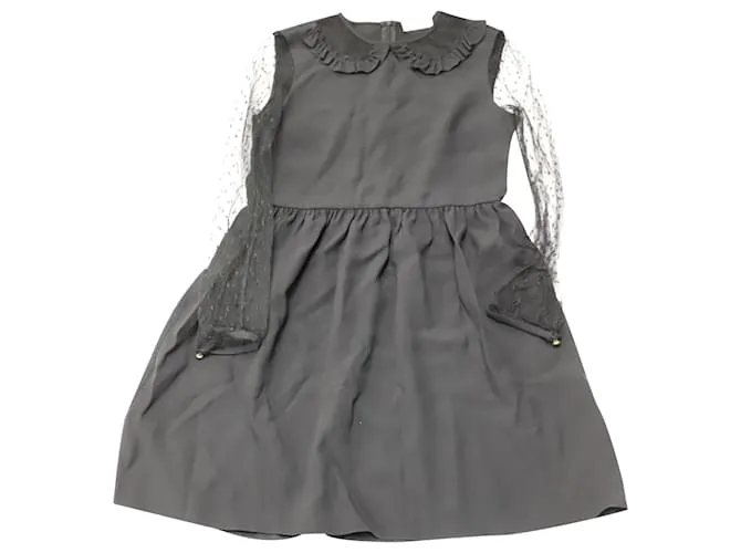 Minivestido en seda negra de crepé de China con volantes y tul de lunares suizos de Red Valentino Negro 