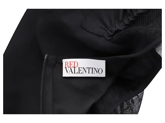 Minivestido en seda negra de crepé de China con volantes y tul de lunares suizos de Red Valentino Negro 