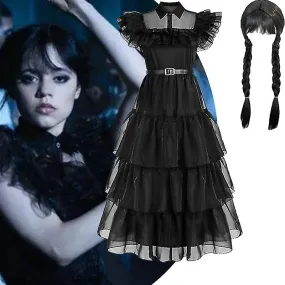 Mujeres Miércoles Addams Película Cosplay Disfraz Retro Gótico Maxi Vestido Peluca Juego De Rol Traje Para Halloween Carnaval Fi