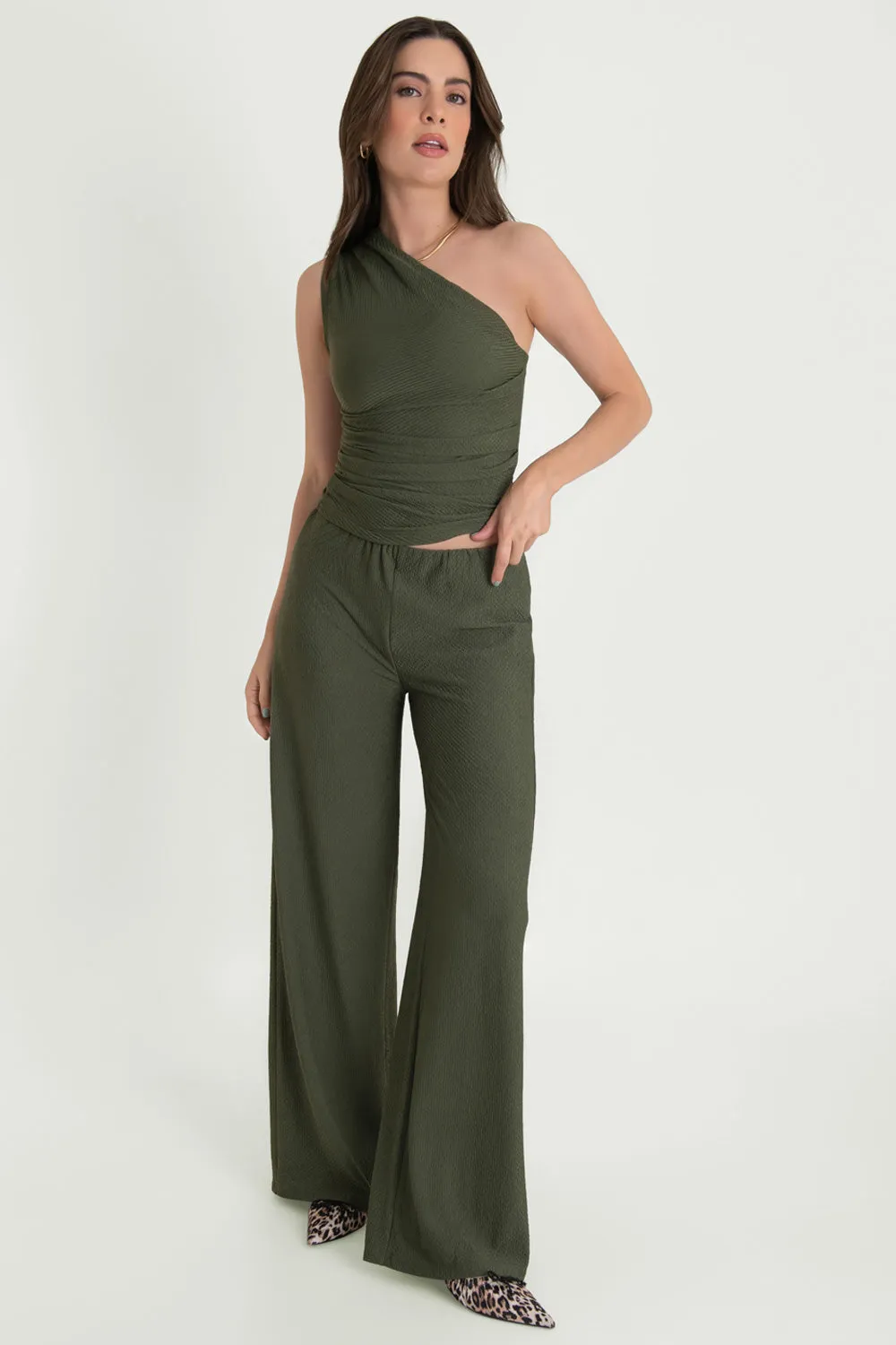 Pantalón wide leg de cintura alta elástica