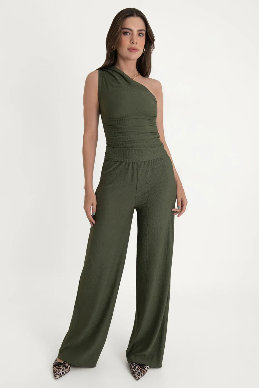 Pantalón wide leg de cintura alta elástica