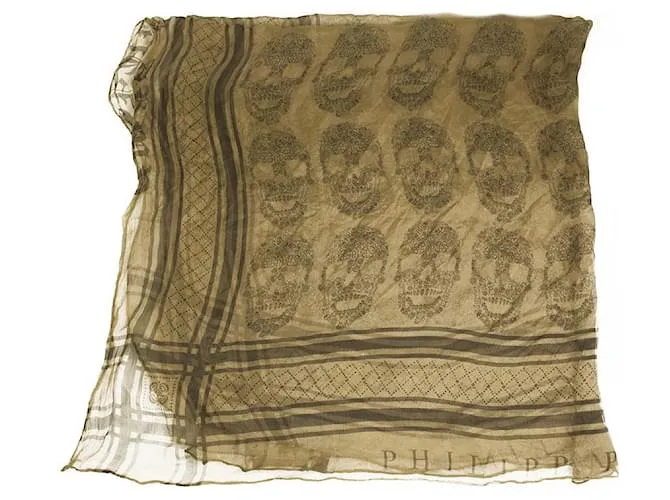 Pañuelo cuadrado grande de seda con estampado de calaveras y logotipos en beige de Philipp Plein 