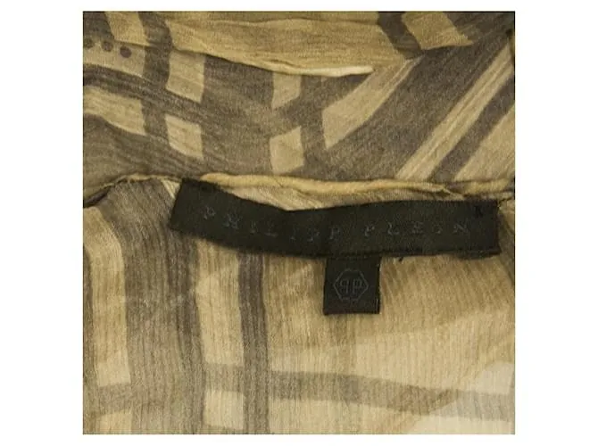 Pañuelo cuadrado grande de seda con estampado de calaveras y logotipos en beige de Philipp Plein 