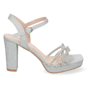 Sandalias color plata de vestir de tacón ancho material brillo mujer