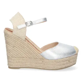Sandalias plateadas de cuña en yute mujer