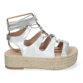 Sandalias plateadas de plataforma en yute para mujer lazos TF3306