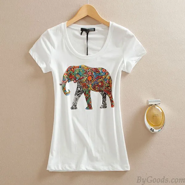 SLIM ROUND NECK PRINTING ELEPHANT SHORTSLEEVED SHIRT 