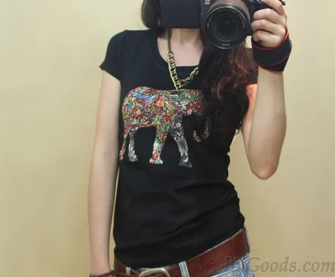 SLIM ROUND NECK PRINTING ELEPHANT SHORTSLEEVED SHIRT 