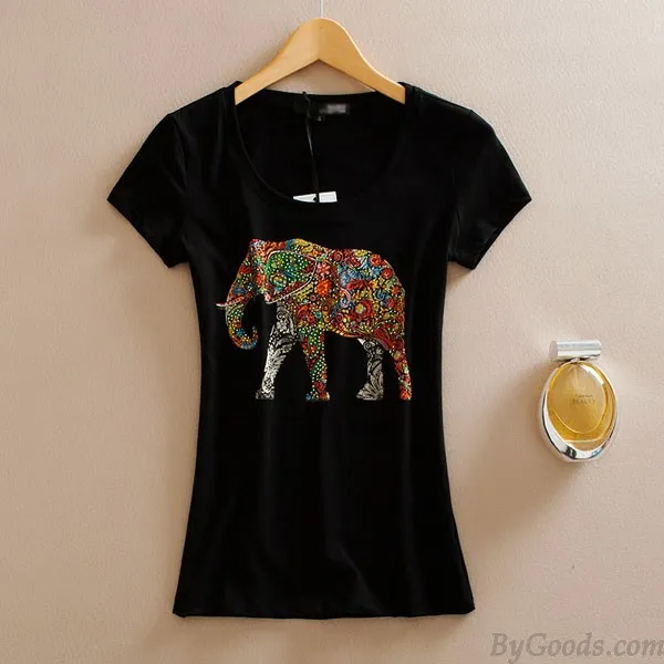 SLIM ROUND NECK PRINTING ELEPHANT SHORTSLEEVED SHIRT 