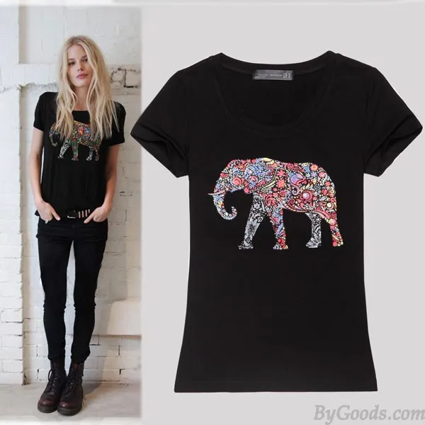 SLIM ROUND NECK PRINTING ELEPHANT SHORTSLEEVED SHIRT 