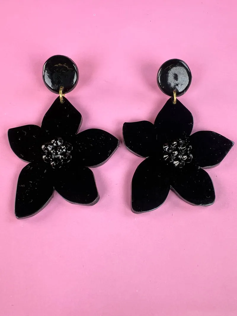 VIRGINIA DEMARIA Aros Flor Negra Colgante