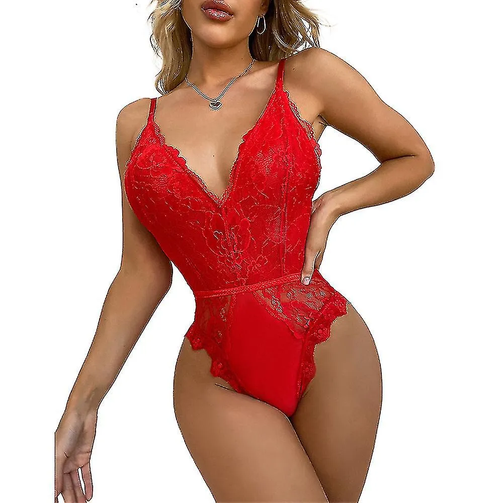 WOMEN V NECK BODYSUIT LINGERIE SEETHROUGH LACE BABYDOLL UNDERWEAR SLEEPWEAR